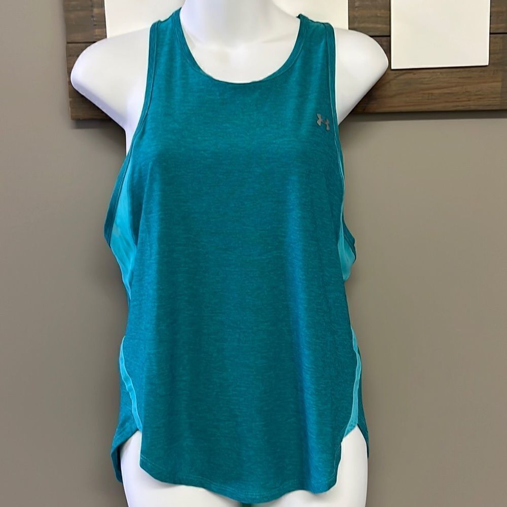 Under Armour Women’s Heather Turquoise Razorback Tank Top with Mesh Panels-Small
